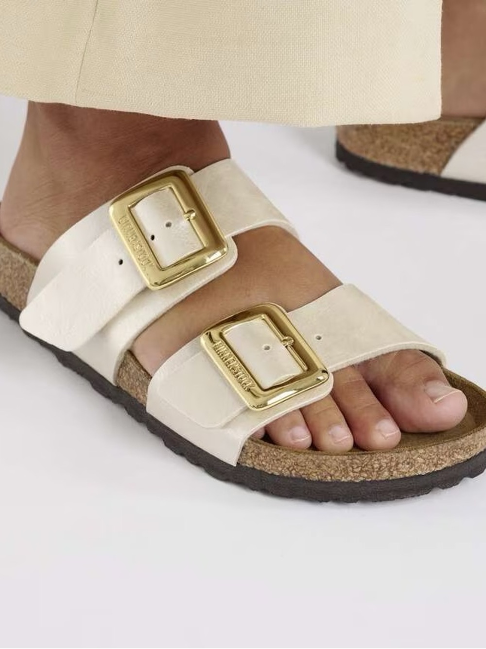 Birkenstock White Double-Buckle Cork Footbed Sandals with Gold Buckles